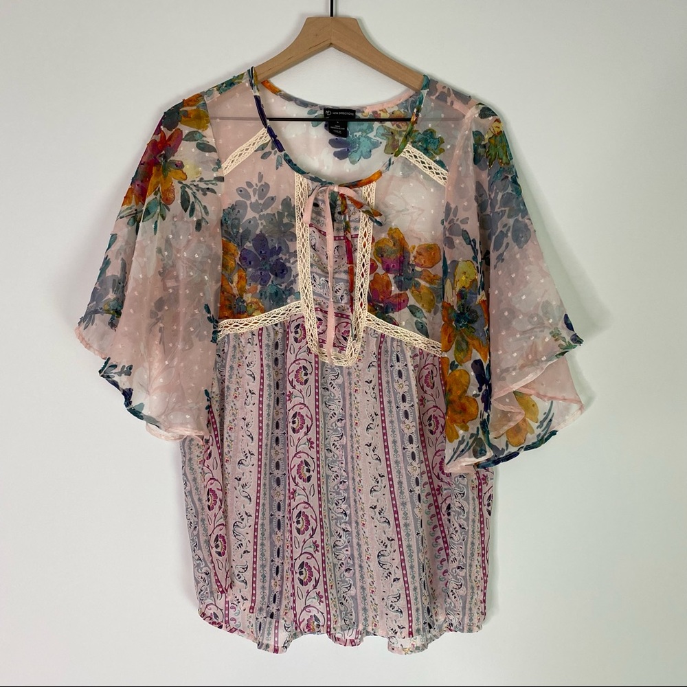 New Directions Floral Shear Boho Top